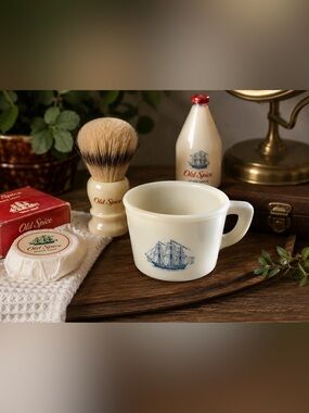 Vintage Old Spice Shulton Milk Glass Shaving Mug Blue Sailing Ship 1960s–70s